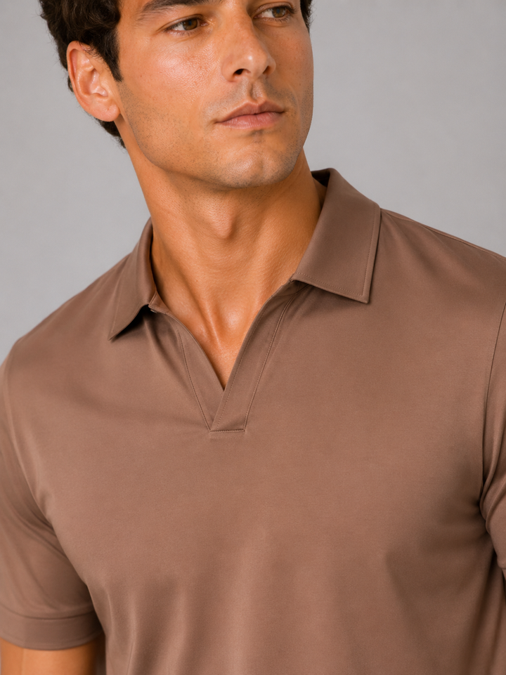 Brown silky touch polo shirt detail of the collar and V neckline stitching.