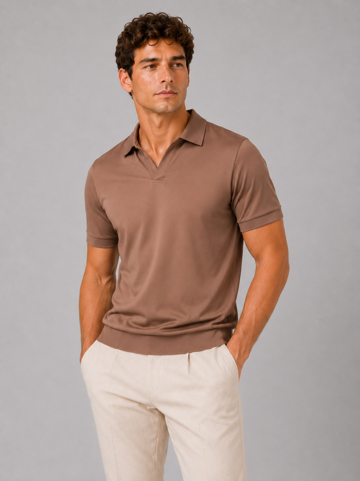 Brown silky touch polo shirt with open V placket, front view on a model.