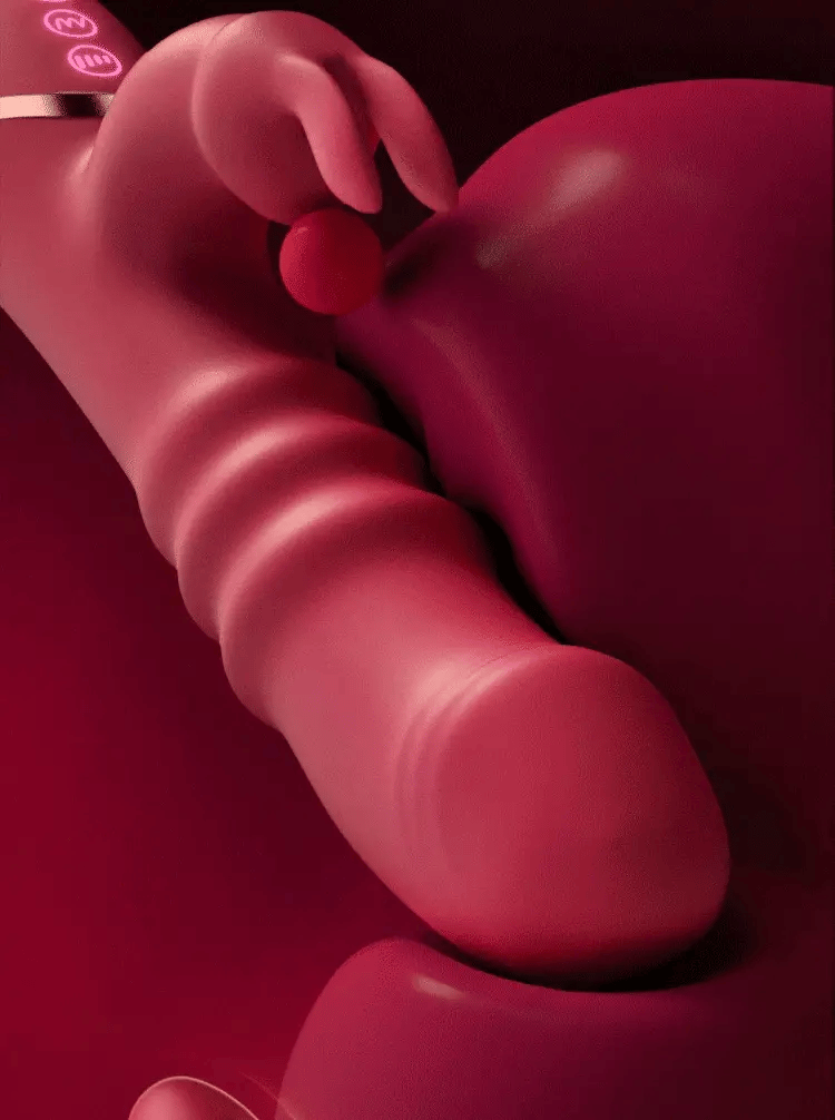 Stylized close-up render of a pink-red rabbit-style massager with ridged shaft, small ear-shaped arm flicking a red ball, and glowing control icons. 2