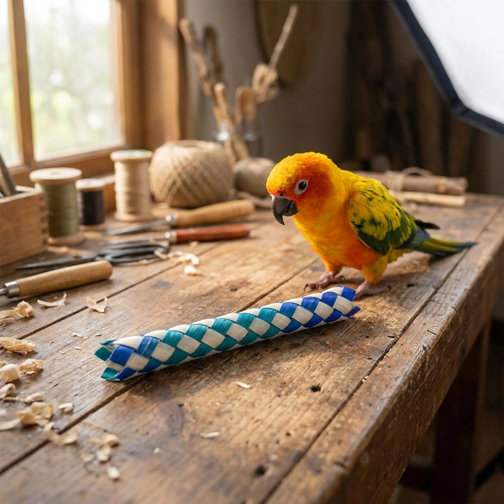 Blue, teal and white woven finger trap on a rustic workbench, with an orange and yellow parrot standing behind it. 2
