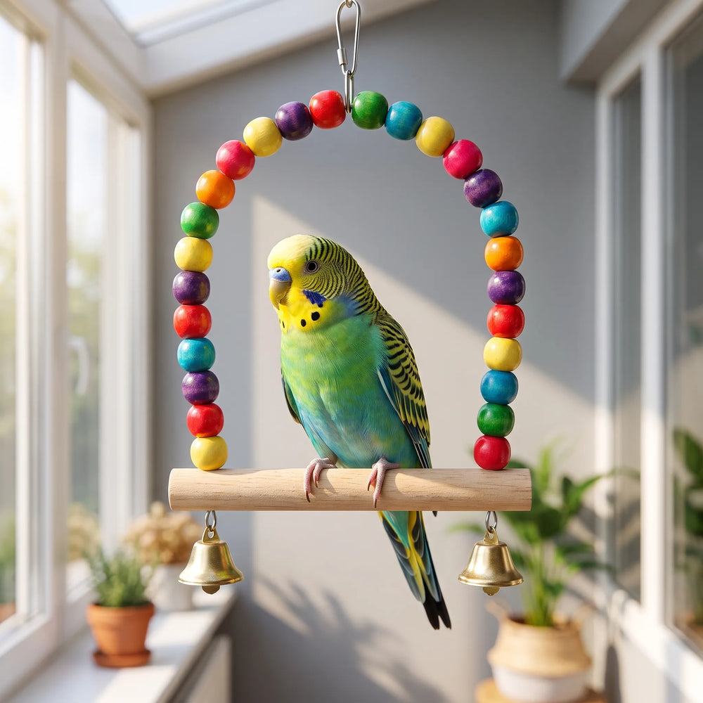 A green and yellow budgie perches on the wooden bar of the beaded arch swing, hung in a bright sunroom with plants. 2