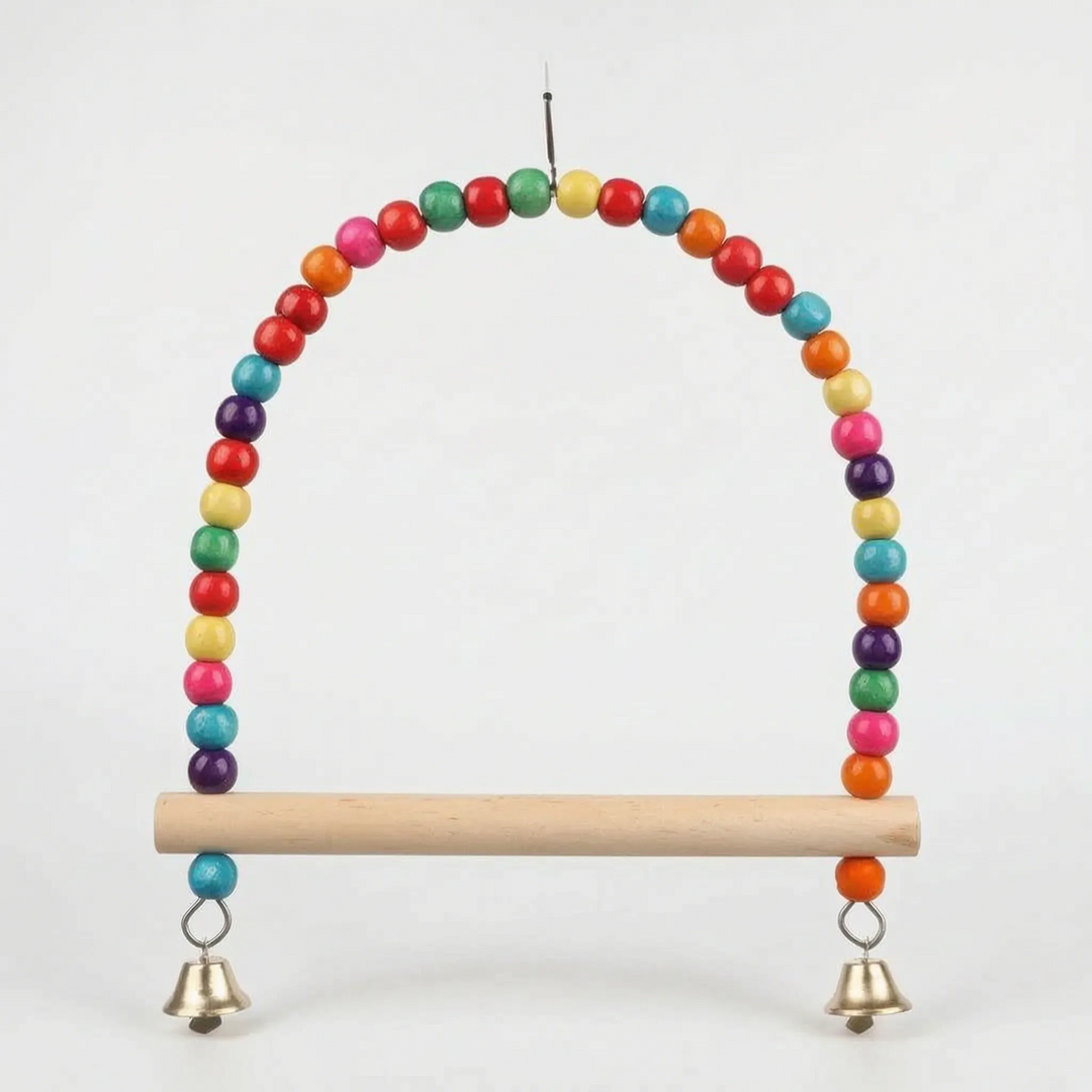 Taller, wider version of the beaded arch swing with extra beads, a blue and an orange bead above the bells, and a thin hanging wire. 6