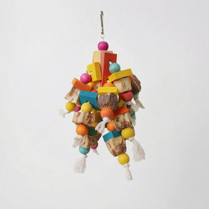 Alternate version of the toy with brightly painted wooden slabs, round beads, natural nut-shell pieces and cotton rope tassels. 5