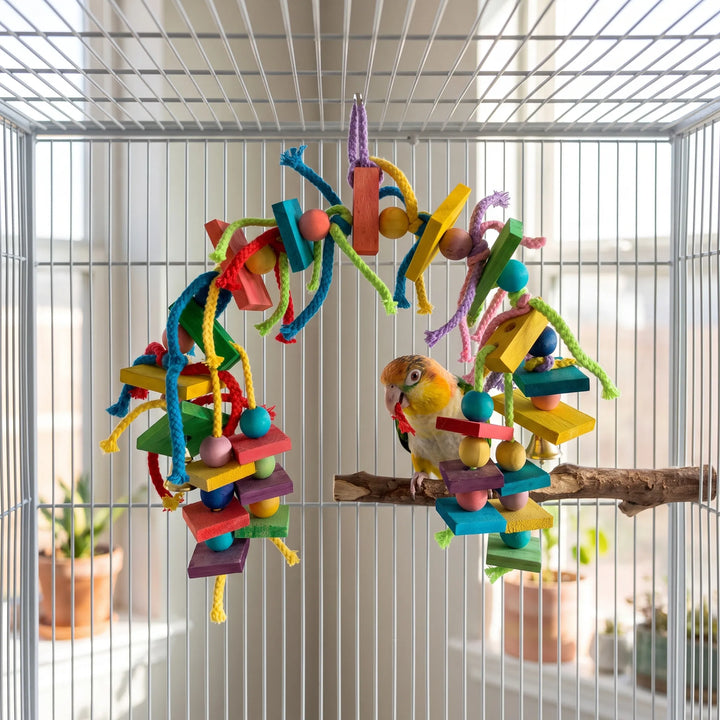 The toy hung as an arch inside a wire cage while a small parrot perches on a branch and chews a rope end. 2