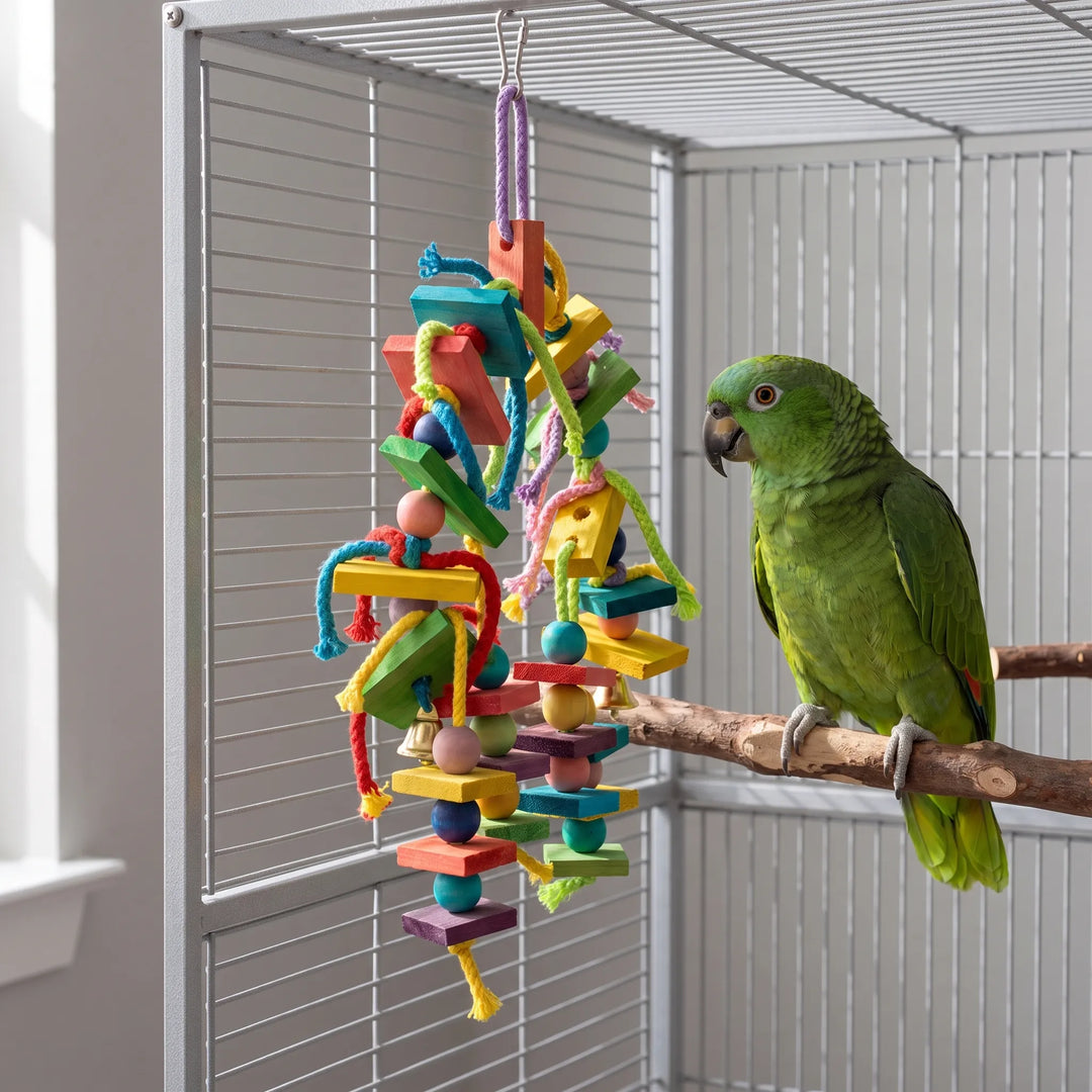 The toy hanging vertically in a cage from a metal clip, with a green parrot perched beside it on a branch. 3