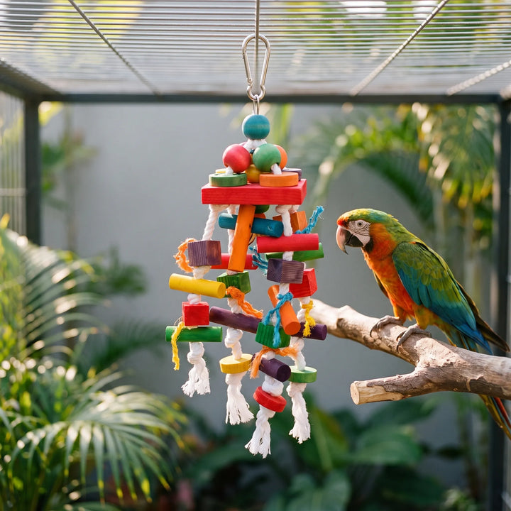Toy hanging inside an outdoor aviary while a green and orange macaw perches on a branch beside it. 2