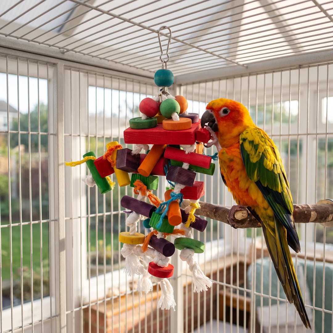 A yellow and orange parakeet perched in a cage nibbling a red wooden block on the hanging toy. 3