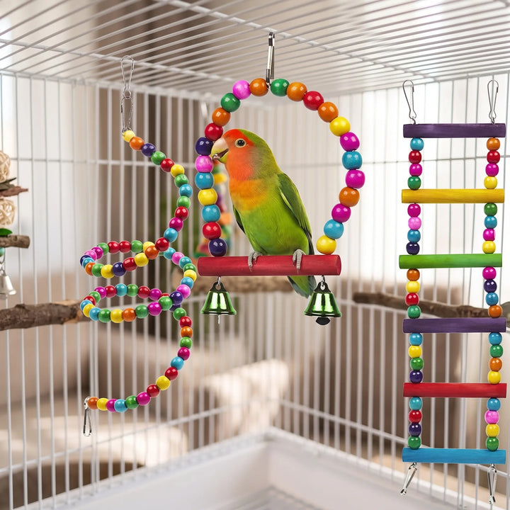Lovebird on the bead arch swing in a cage, with a bead spiral and a rainbow-rung ladder hanging beside it. 3