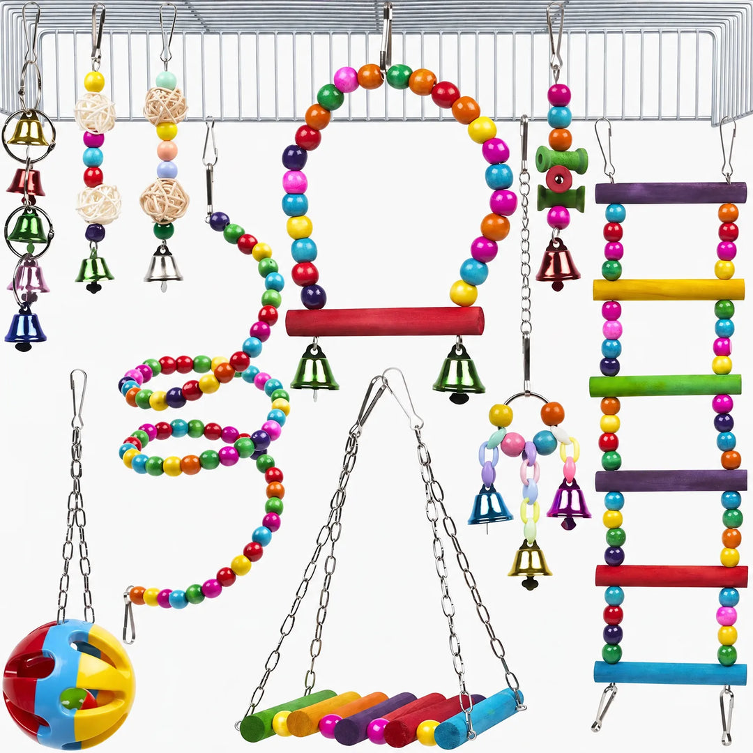 Full set of colorful bird toys hanging from a cage roof, with beaded swings, bell charms, a spiral, a ladder and a plastic ball. 5