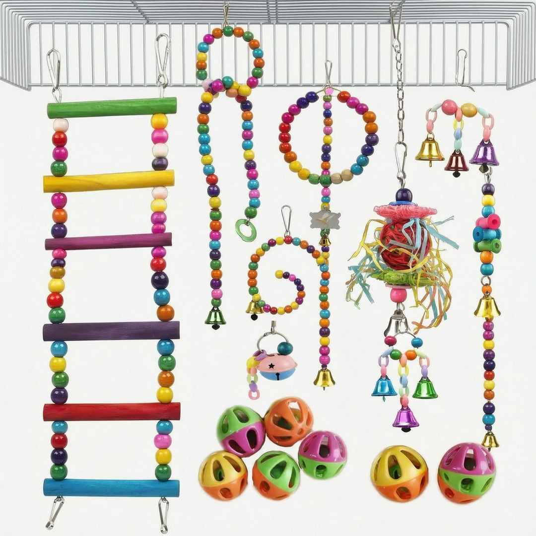 Colorful bird toy set with a rainbow ladder, bead rings, shredding toy, bell charms and six small perforated plastic balls. 7