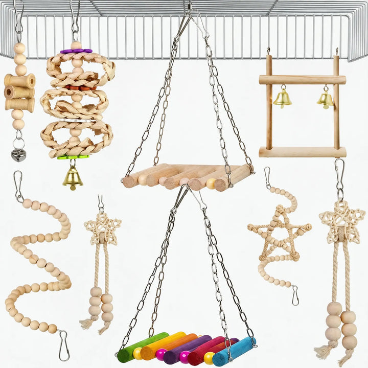 Natural wood and rainbow-perch bird toys hanging from a cage roof, including hanging platforms, a bell swing, bead strands and rattan stars. 8