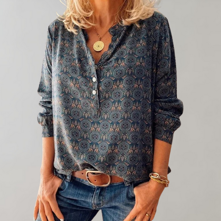 Vintage Ladies' Blouse with Button Closure and Print – Selina