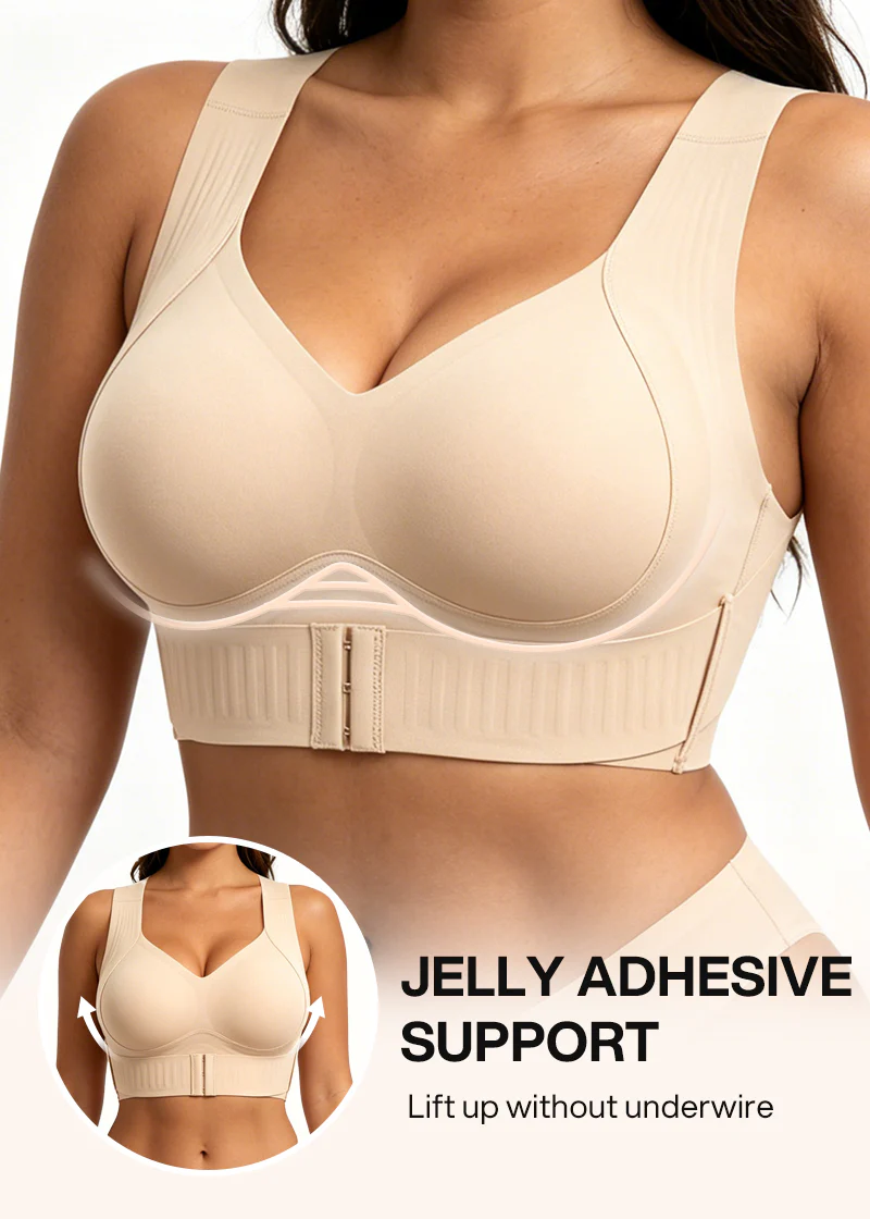 Close-up of the beige bra with a graphic of the supportive underband and an inset showing the lift effect.