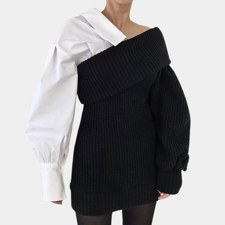 Knitted Off-Shoulder Dress with Contrasting Sleeves – Selina