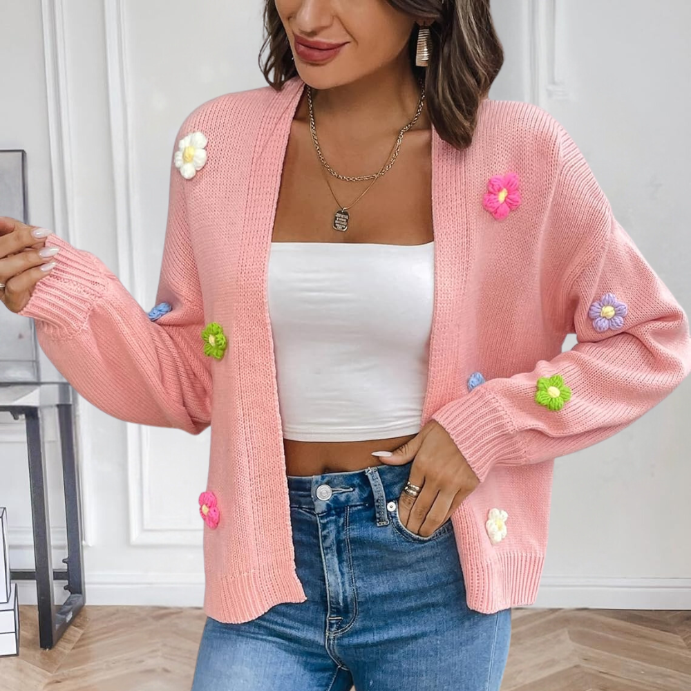 Knitted Women's Cardigan with 3D Flowers – Maribel