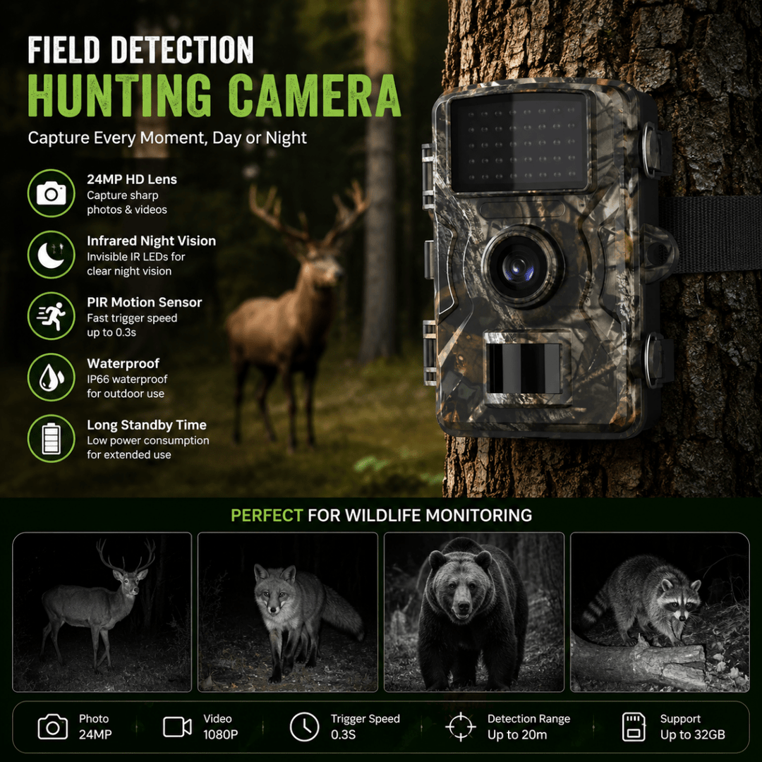 Promotional graphic of the trail camera strapped to a tree trunk with wildlife and night-vision shots.