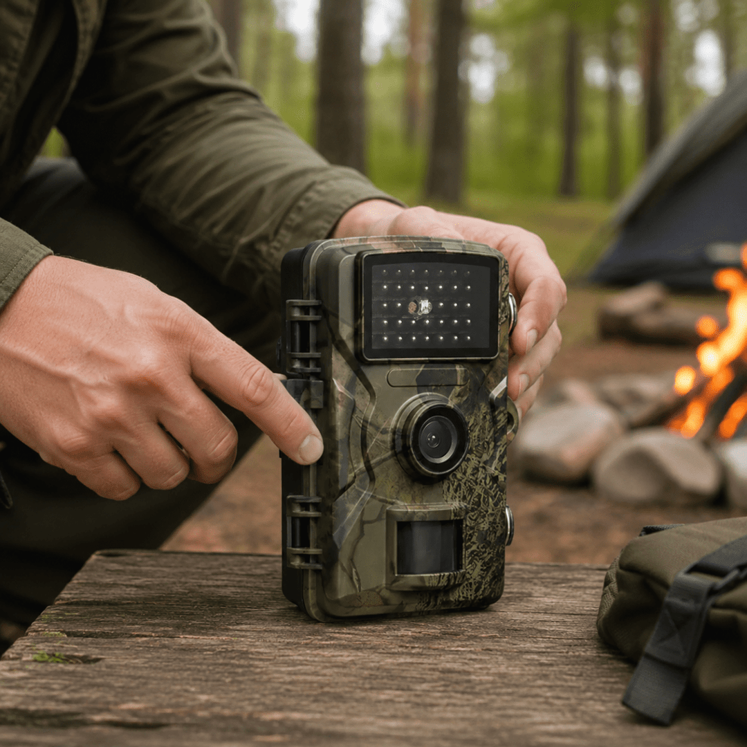 Trail camera detail showing the infrared LED panel, lens and motion sensor up close.