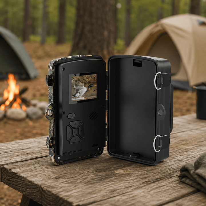 Trail camera detail opened to show the screen, control buttons and battery compartment.