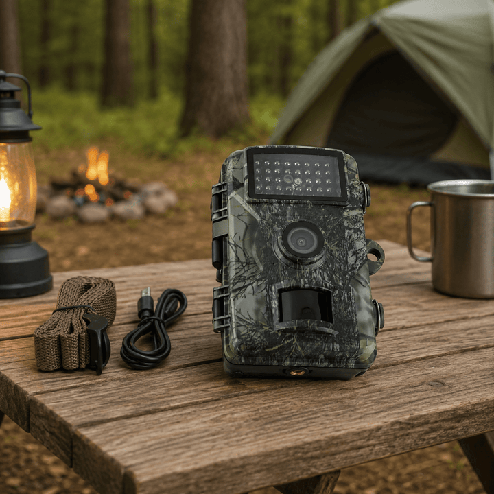 Black and green trail camera with mounting strap and USB cable on a rustic wooden table.