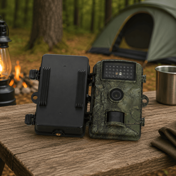 Trail camera another view with the back panel opened beside the camouflage front.