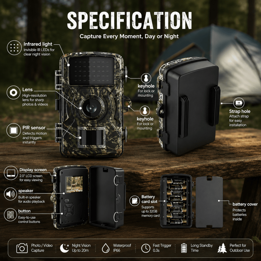 Trail camera specification graphic showing the lens, motion sensor, display screen, buttons and battery compartment.