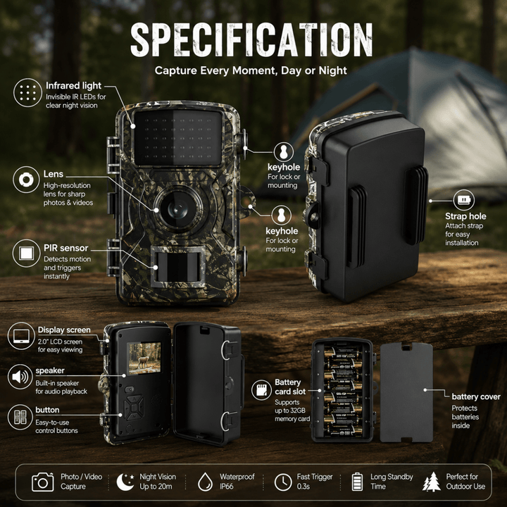 Trail camera specification graphic showing the lens, motion sensor, display screen, buttons and battery compartment.