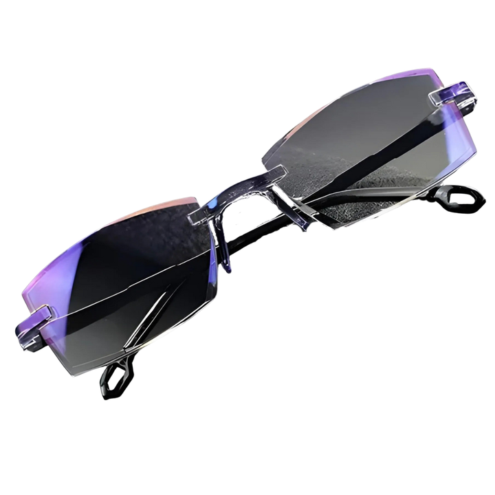 Rimless rectangular glasses with purple-tinted lenses and black temples on a white background.