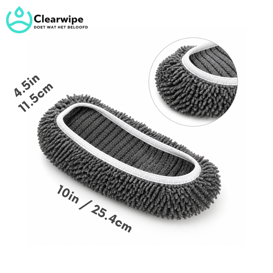 Gray chenille mop pad shown at an angle with its length and width measurements and a close-up inset of the edge.
