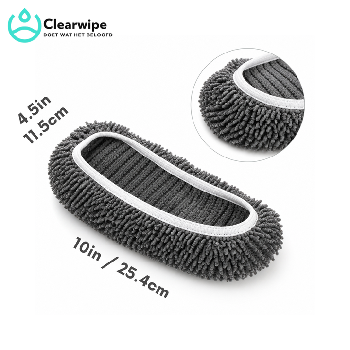 Gray chenille mop pad shown at an angle with its length and width measurements and a close-up inset of the edge.