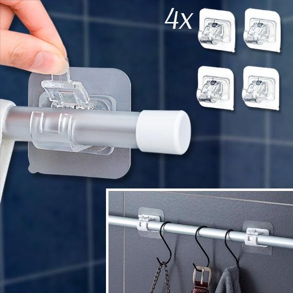 Clear clip-on storage hooks on a blue tiled wall with a hanging inset.