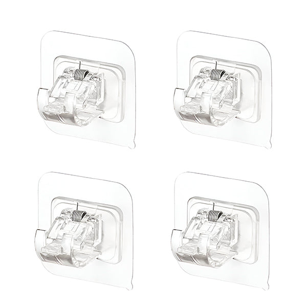 Four clear clip-on storage hooks on a white background, showing the spring and rod cradle.