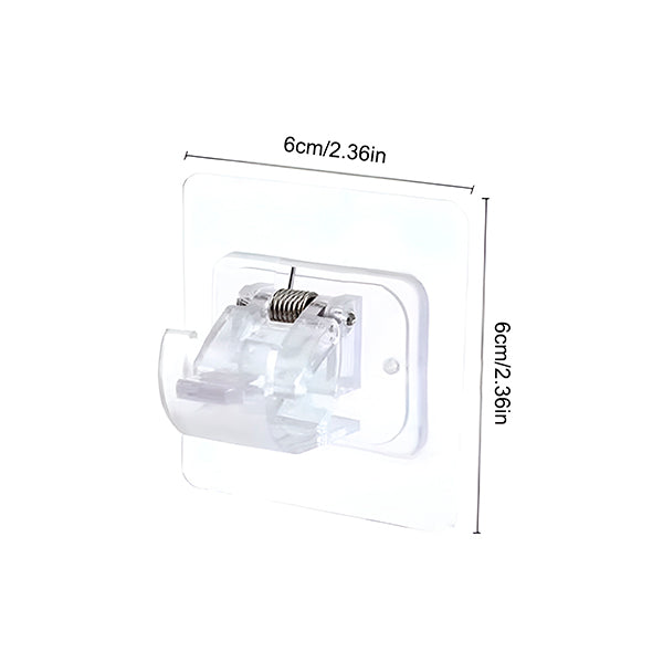 Single clear clip-on storage hook on a square adhesive pad with dimension lines.