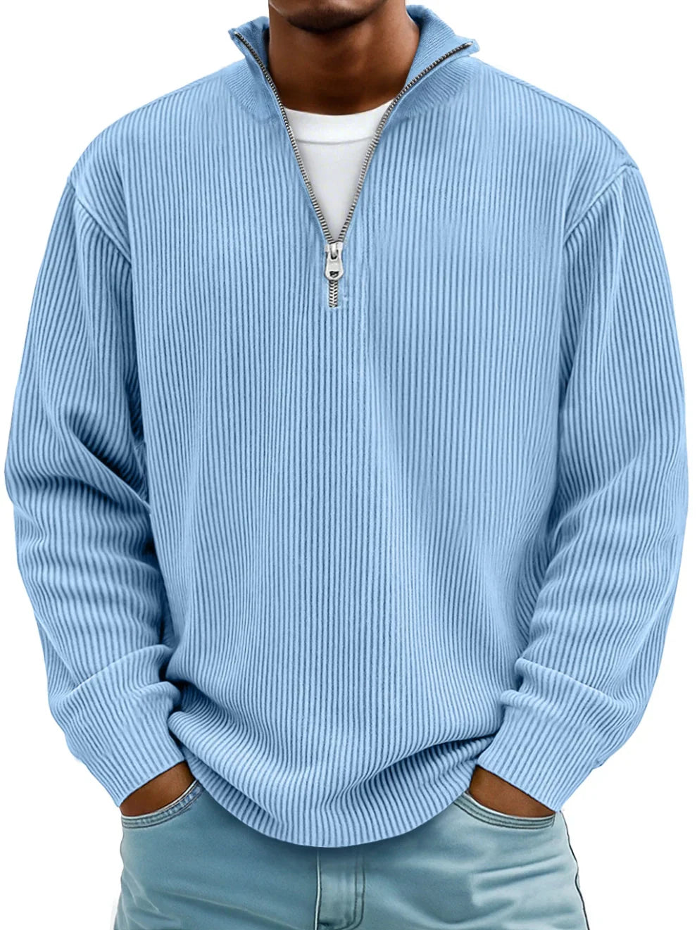 Men's ribbed half-zip sweater in light blue, front view.