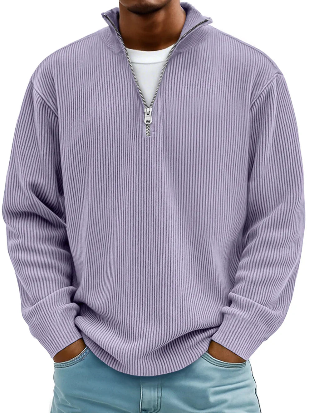 Men's ribbed half-zip sweater in soft lavender, another view.