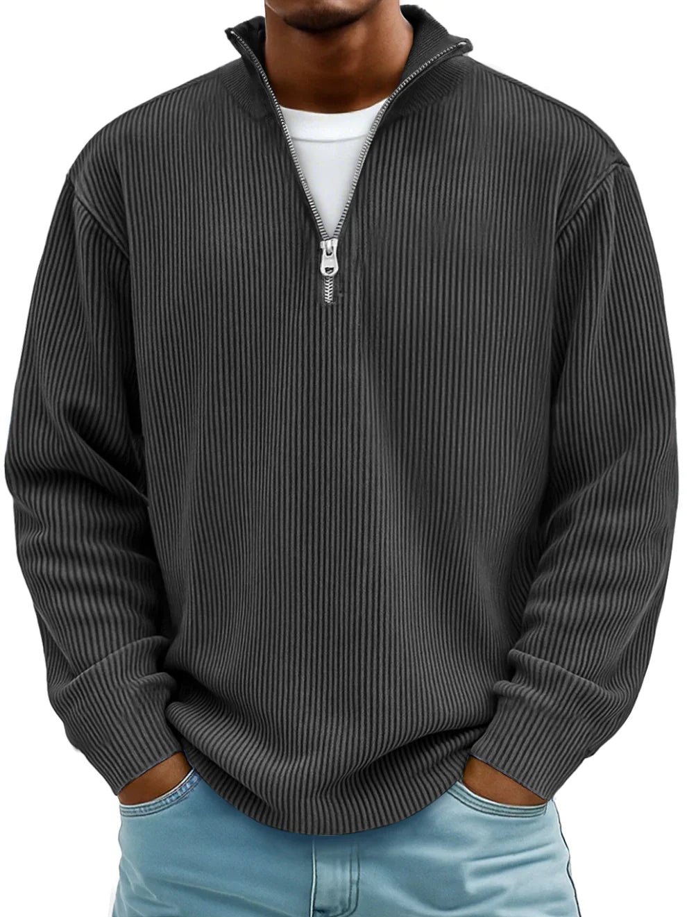 Men's ribbed half-zip sweater in charcoal black, another view.