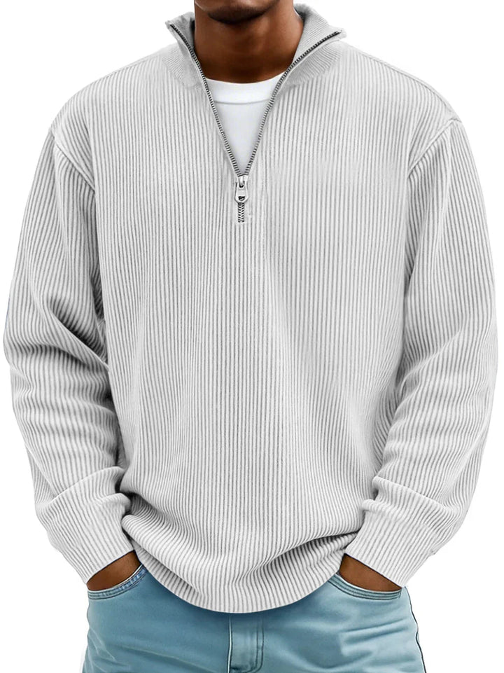 Men's ribbed half-zip sweater in off-white, another view.