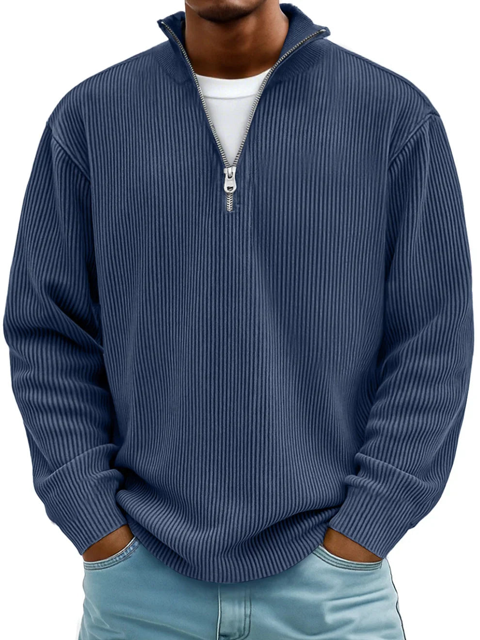 Men's ribbed half-zip sweater in navy blue, another view.