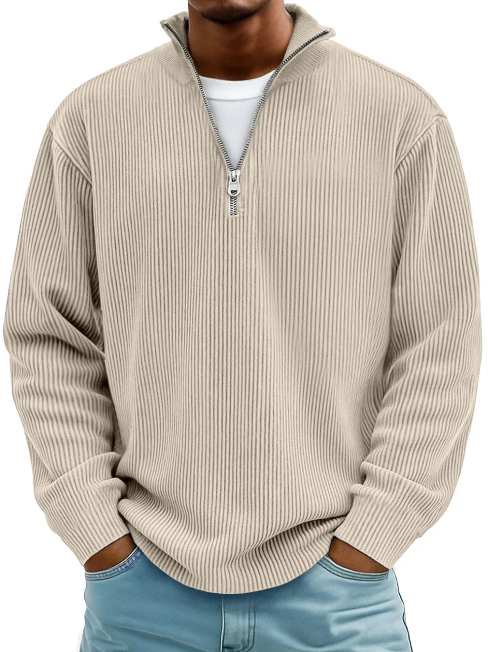 Men's ribbed half-zip sweater in beige, another view.