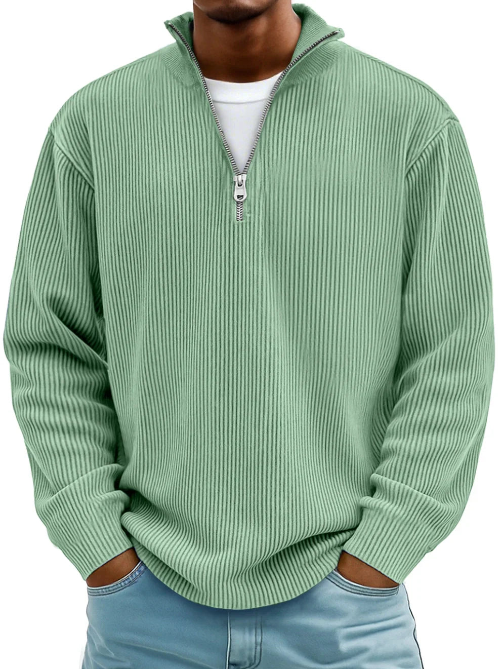 Men's ribbed half-zip sweater in mint green, another view.
