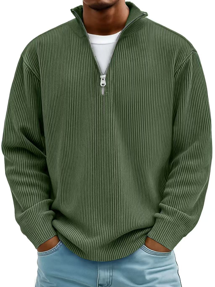 Men's ribbed half-zip sweater in olive green, another view.