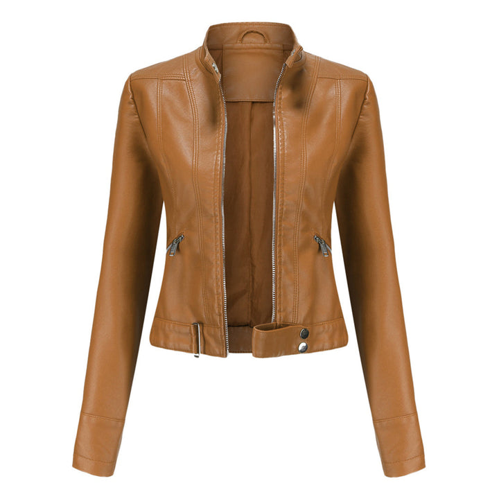 Front view of the tan camel-colored cropped jacket, unzipped, showing zippered pockets and a snap-closure waist tab. 5