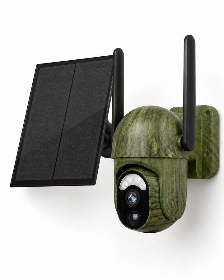 Camouflage-green pan-tilt security camera with two black antennas, mounted on a bracket beside its separate black solar panel, on a white background.