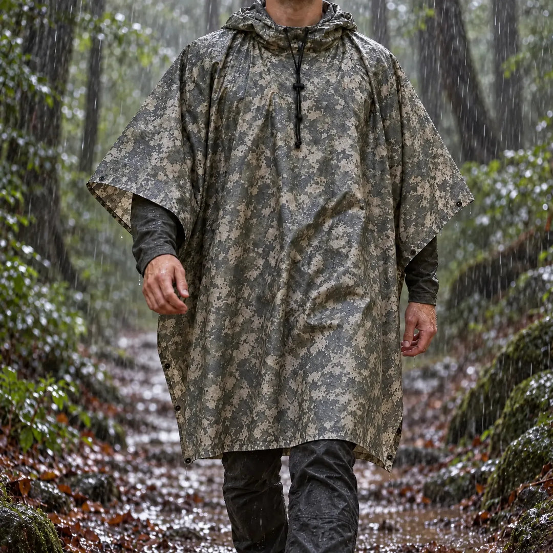 Man walking along a rainy forest trail in a hooded poncho with pixelated gray camouflage, raindrops beading on the fabric. 1