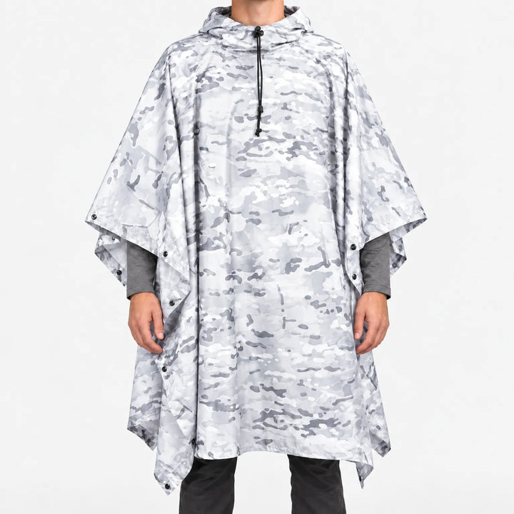 Front view of a hooded poncho in white and light gray snow camouflage with a black drawcord at the hood. 11