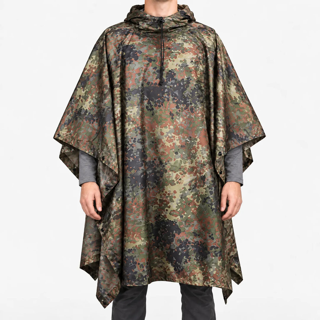Front view of a hooded poncho in speckled camouflage with olive green, black, rust brown and tan dots. 13