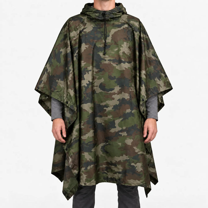 Front view of a hooded poncho in classic woodland camouflage with large olive green, brown, tan and black patches. 14