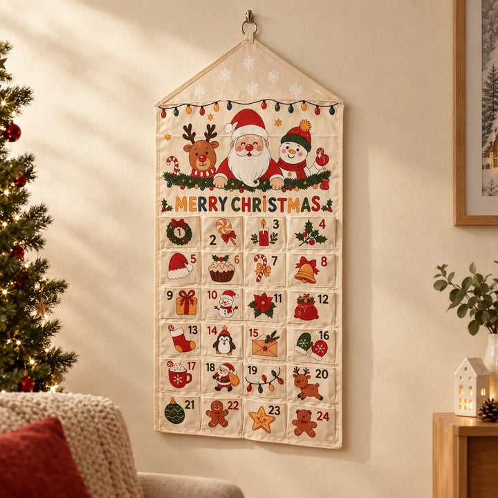Cream canvas advent calendar with 24 numbered pockets hanging on a living room wall beside a lit Christmas tree. 1