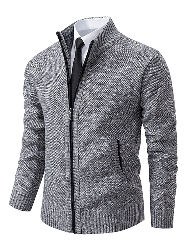 Light gray heathered knit zip-up cardigan with ribbed collar, cuffs and hem, styled over a shirt and tie.