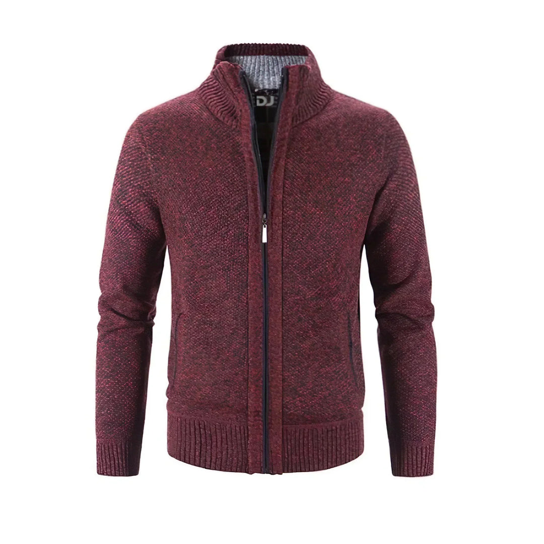 Burgundy red knit zip-up cardigan with ribbed stand collar and hem, displayed flat from the front.