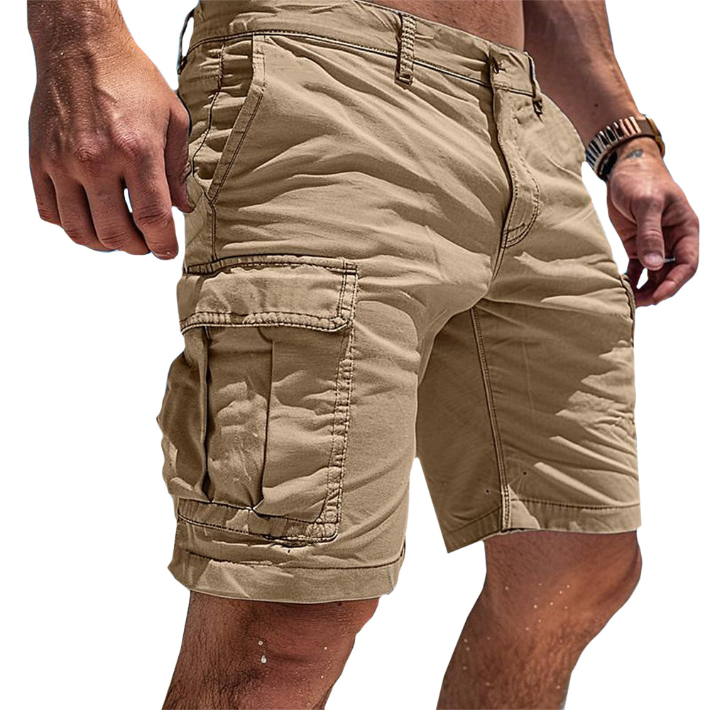 Men's Cargo Shorts in khaki with a large flap pocket on the thigh, belt loops and a button waist, side view.